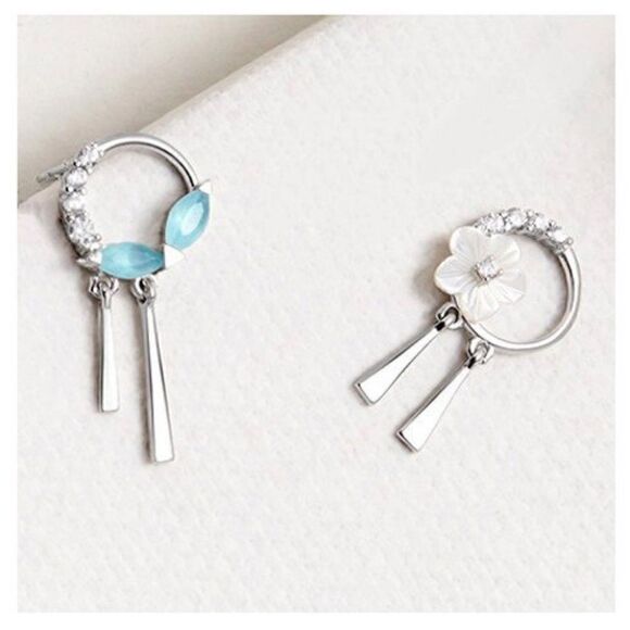 Sterling Silver Asymmetrical Pearl Flower Earrings - Picture 2 of 9